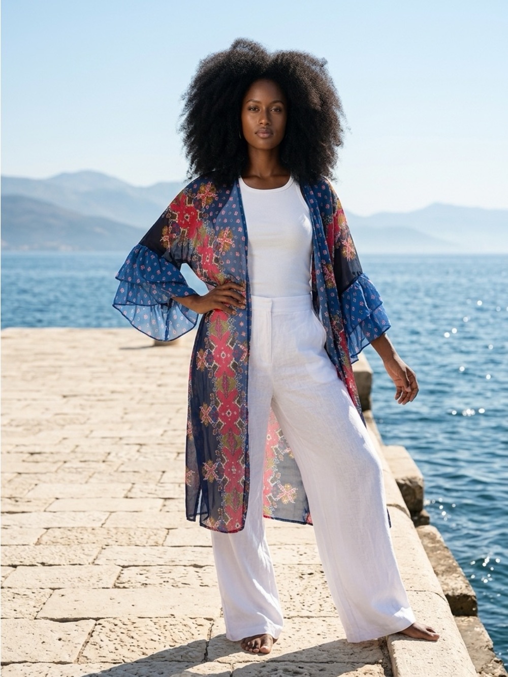 Sheer Floral Kimono Dress - Blue Multicolor
